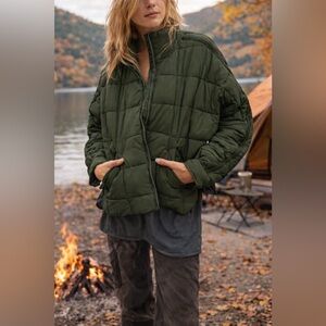 Women's GREEN Quilted Jacket Lightweight Zipper Short Coat With Pockets